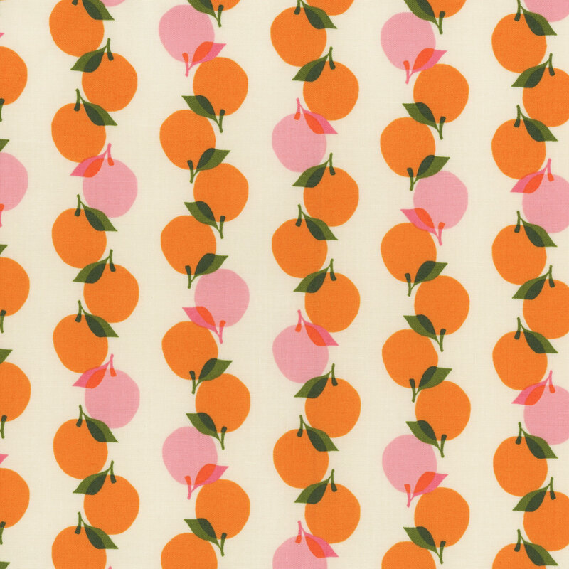 Retro fabric featuring pink and orange peaches arranged in stripes against an eggshell background