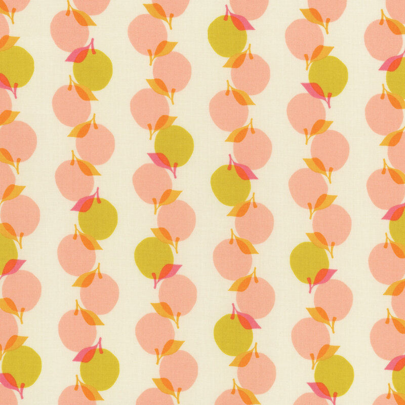 Retro fabric featuring pink and yellow peaches arranged in stripes against an eggshell background