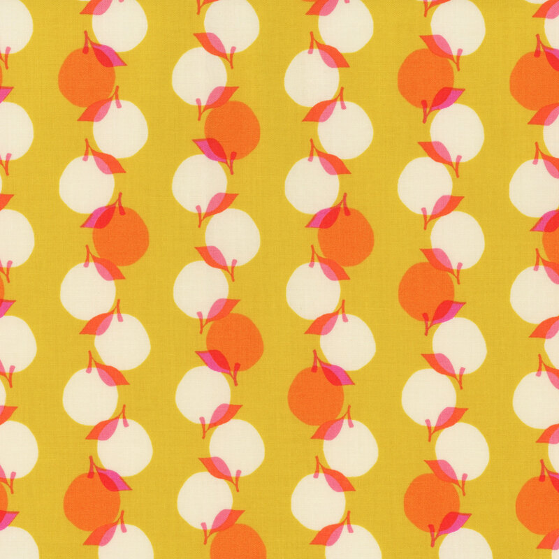 Retro fabric featuring orange and white peaches arranged in stripes against a bright yellow background
