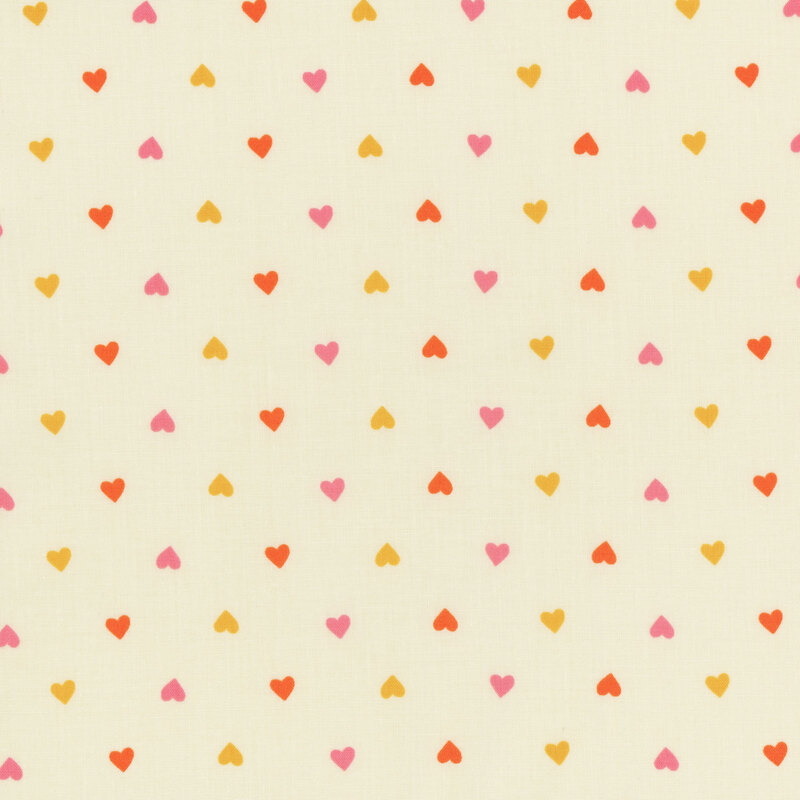 Eggshell-colored fabric with small with small, evenly spaced pink, yellow, and orange hearts