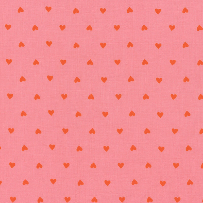Bright pink fabric with small, evenly spaced dark pink hearts.