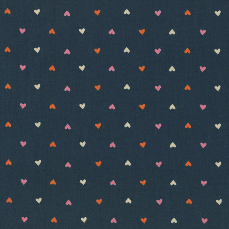 Dark turquoise fabric with small, evenly spaced pink, orange, and cream hearts.