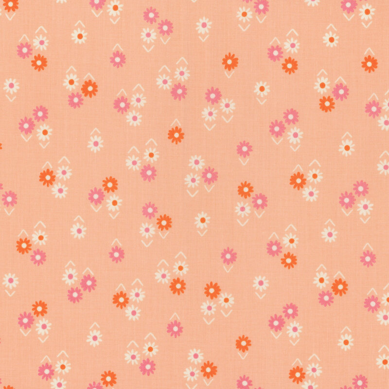 Light pink fabric with ditsy clusters of small white, pink, and orange flowers.