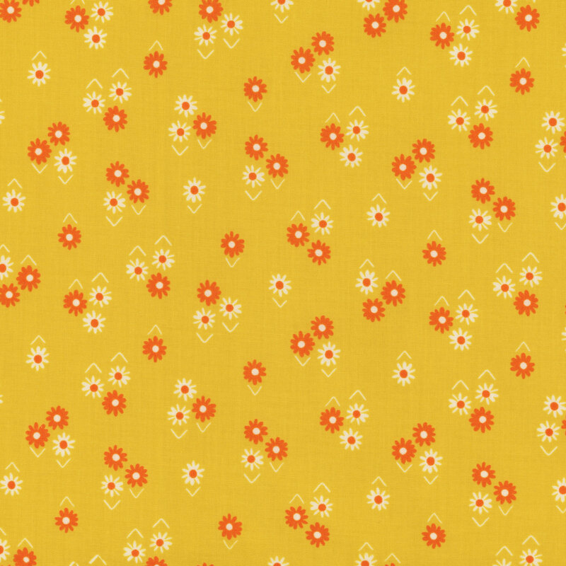 Bright yellow fabric with ditsy clusters of small white, pink, and orange flowers.