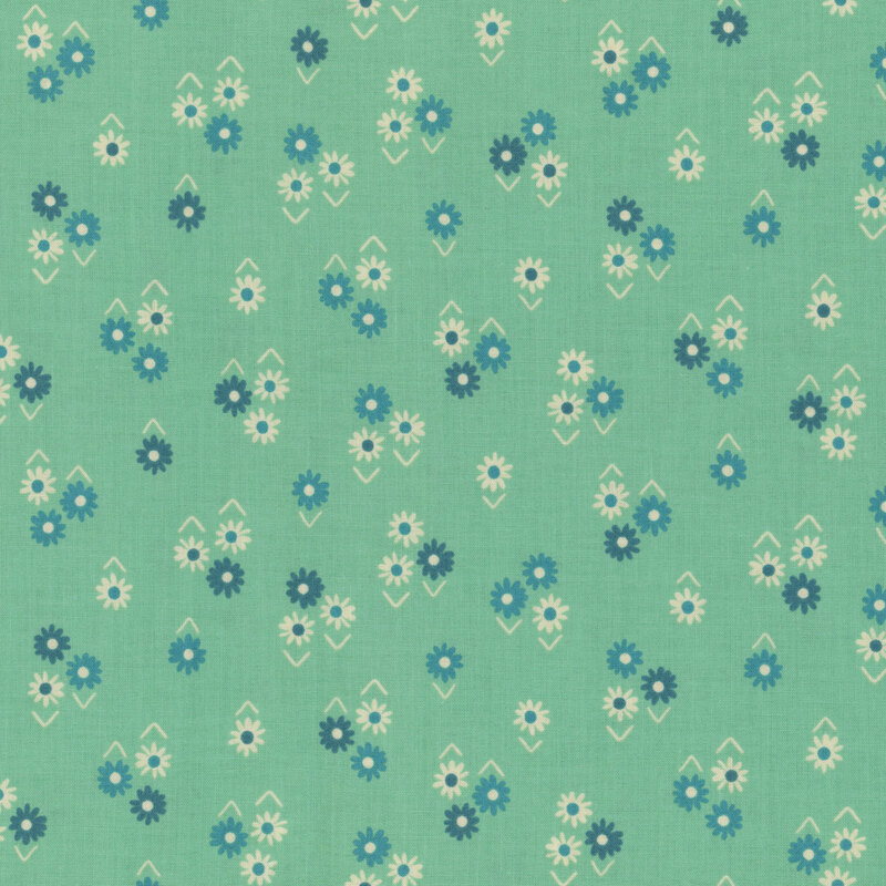 Mint green fabric with ditsy clusters of small white, dark teal, and medium blue flowers.
