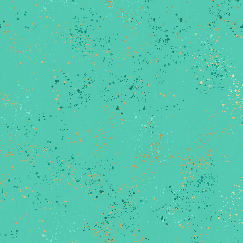 Turquoise fabric featuring dark teal, aqua, and gold metallic speckles throughout