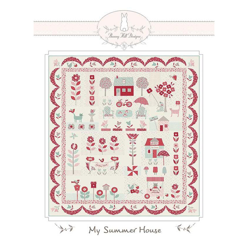 Front of the  pattern, featuring an image of the finished quilt in red, light blue, and cream with houses, flowers and trees on it