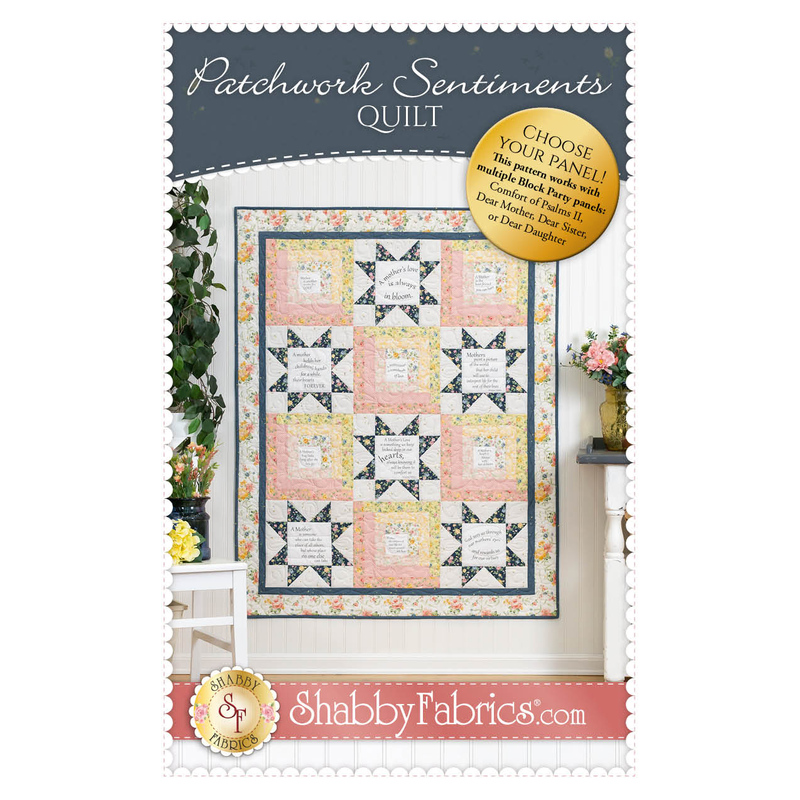 Front cover of pattern showing the completed quilt in the Laurel collection in pink, yellow, white, and blue.