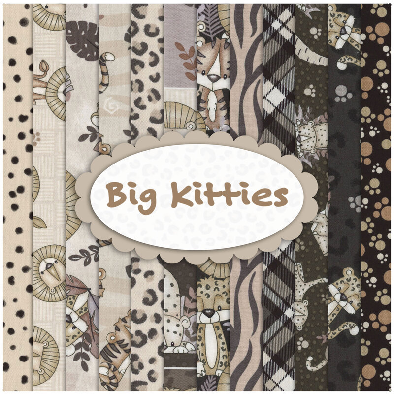 Collage of the neutral brown and gray lion, tiger, and cheetah themed fabrics included in the Big Kitties collection.