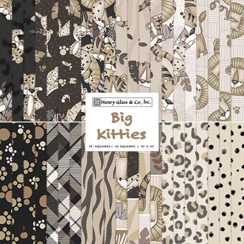 Collage of the neutral brown and gray lion, tiger, and cheetah themed fabrics included in the Big Kitties collection.