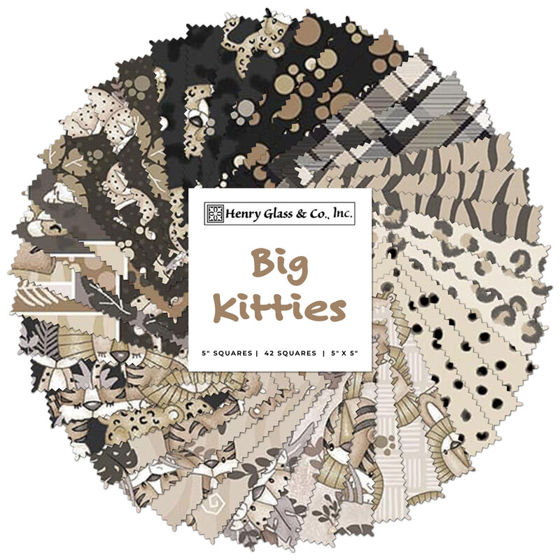 Collage of the neutral brown and gray lion, tiger, and cheetah themed fabrics included in the Big Kitties collection.