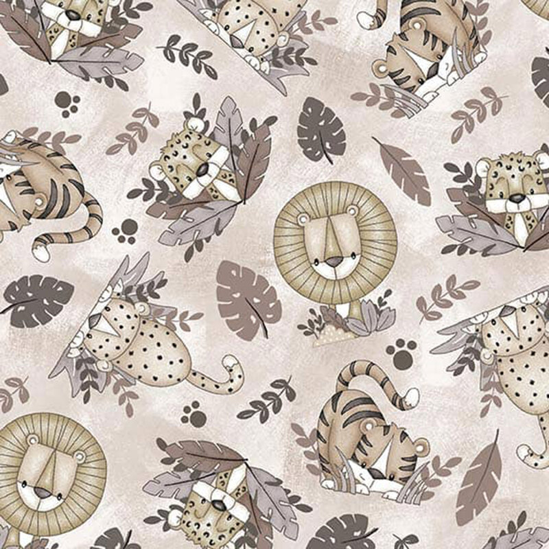 Beige fabric with a muted pattern of lions, tigers, leopards, and cheetahs in jungle leaves with little paw prints.