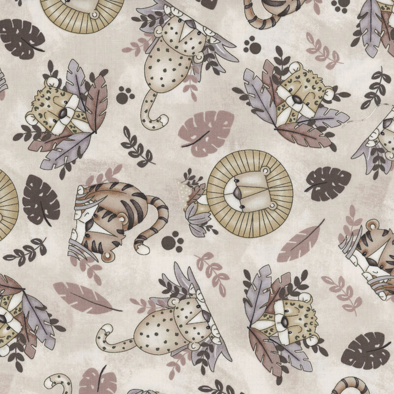 Beige fabric with a muted pattern of lions, tigers, leopards, and cheetahs in jungle leaves with little paw prints.