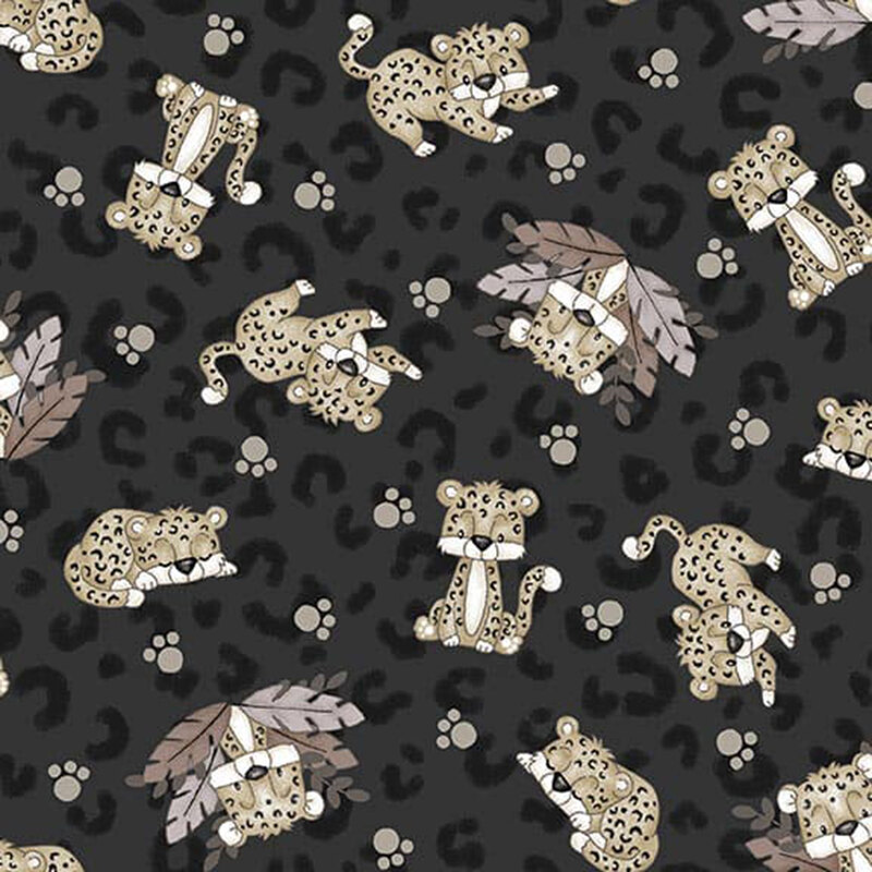 Black leopard print fabric with a muted pattern of leopards with little paw prints.
