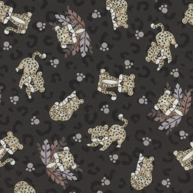 Black leopard print fabric with a muted pattern of leopards with little paw prints.