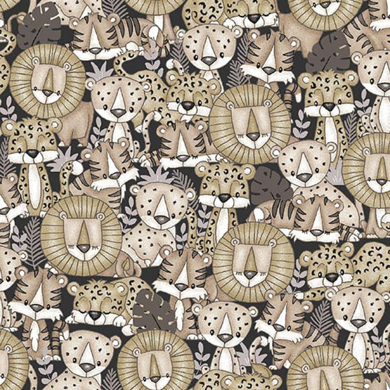 Black fabric with a packed pattern of lions, tigers, leopards, and cheetahs.