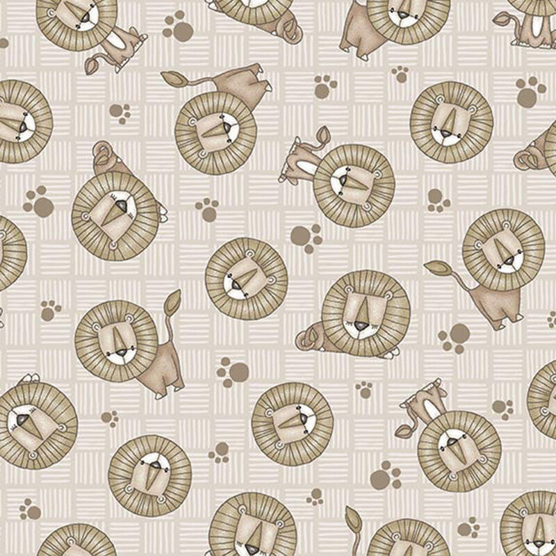 Gray cross-hatched fabric with a muted pattern of lions with little paw prints.