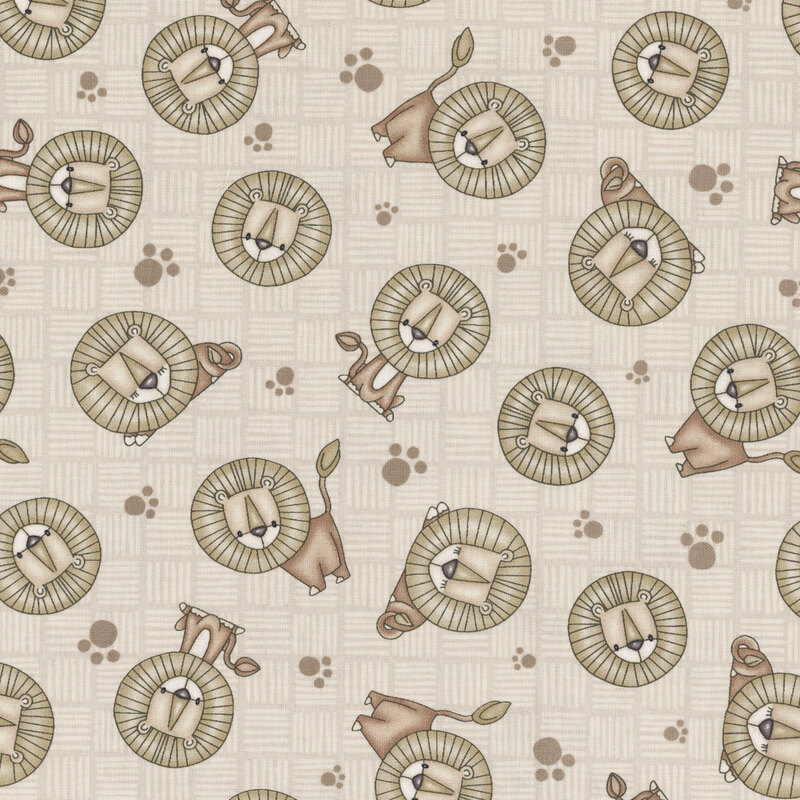 Gray cross-hatched fabric with a muted pattern of lions with little paw prints.