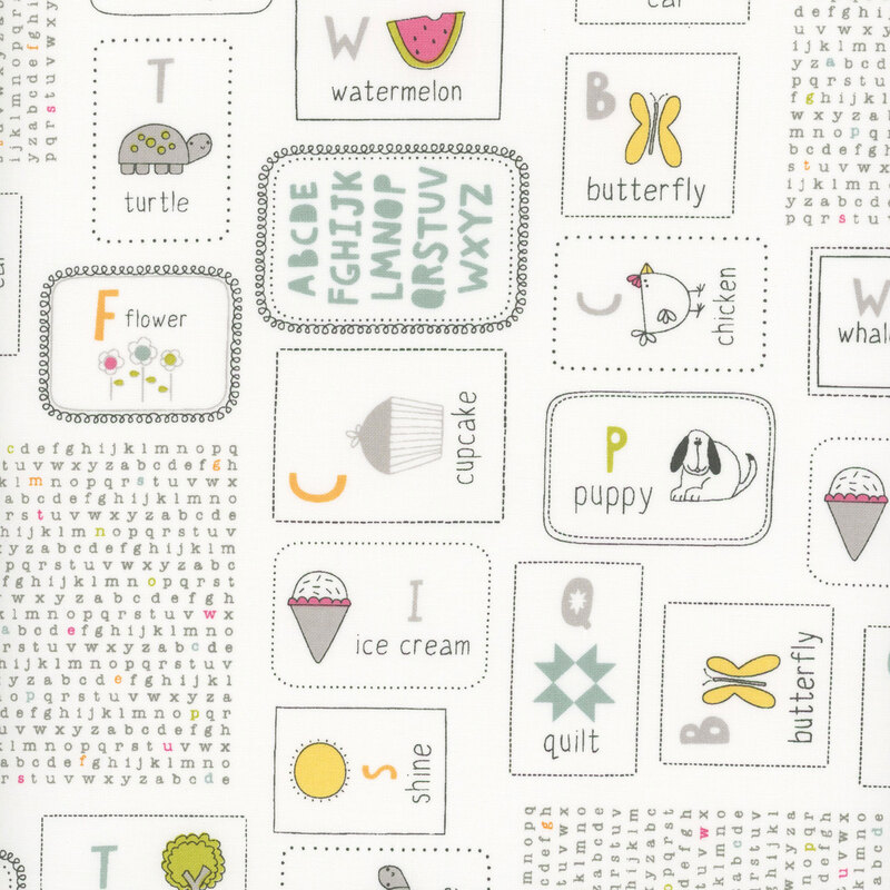 White fabric with a pattern of illustrated flash cards for kids featuring the alphabet and various drawings