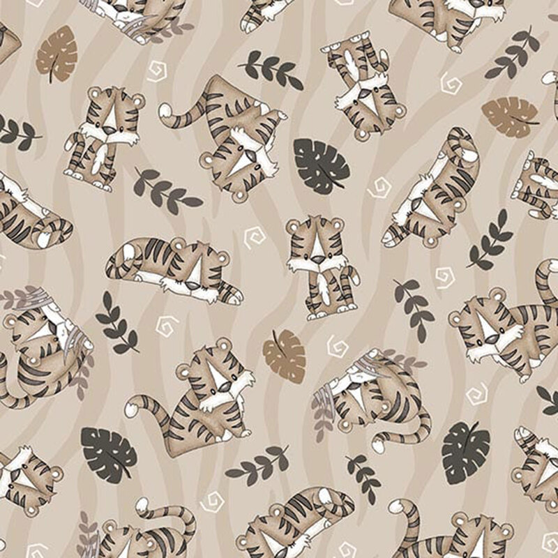 Beige tiger print fabric with a muted pattern of tigers with jungle leaves.