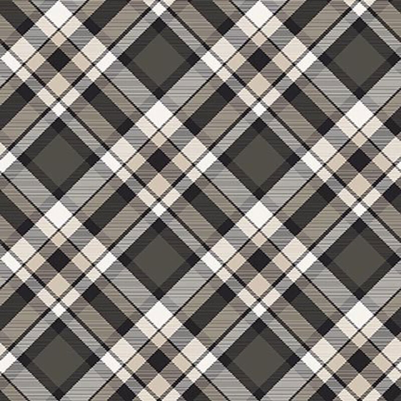 Black, gray, and beige plaid fabric.
