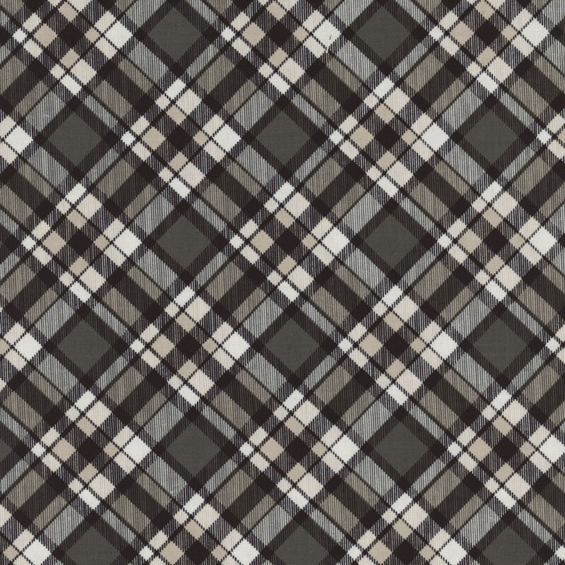 Black, gray, and beige plaid fabric.