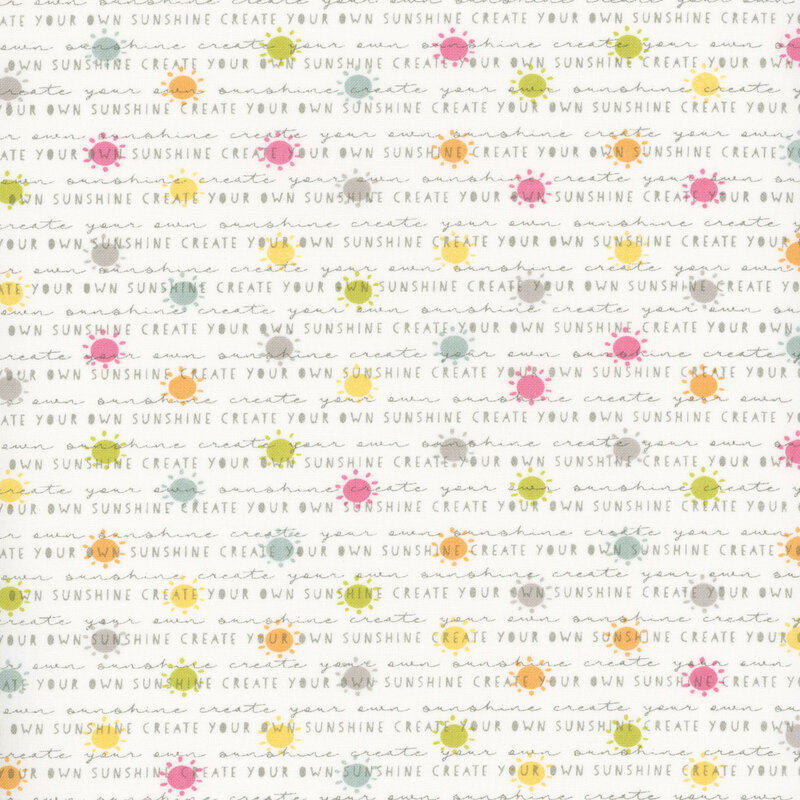 White fabric featuring rows of colorful suns and the words 