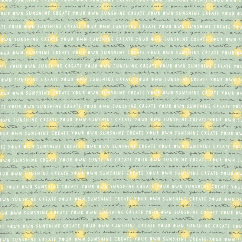 Teal blue fabric featuring rows of yellow suns and the words 
