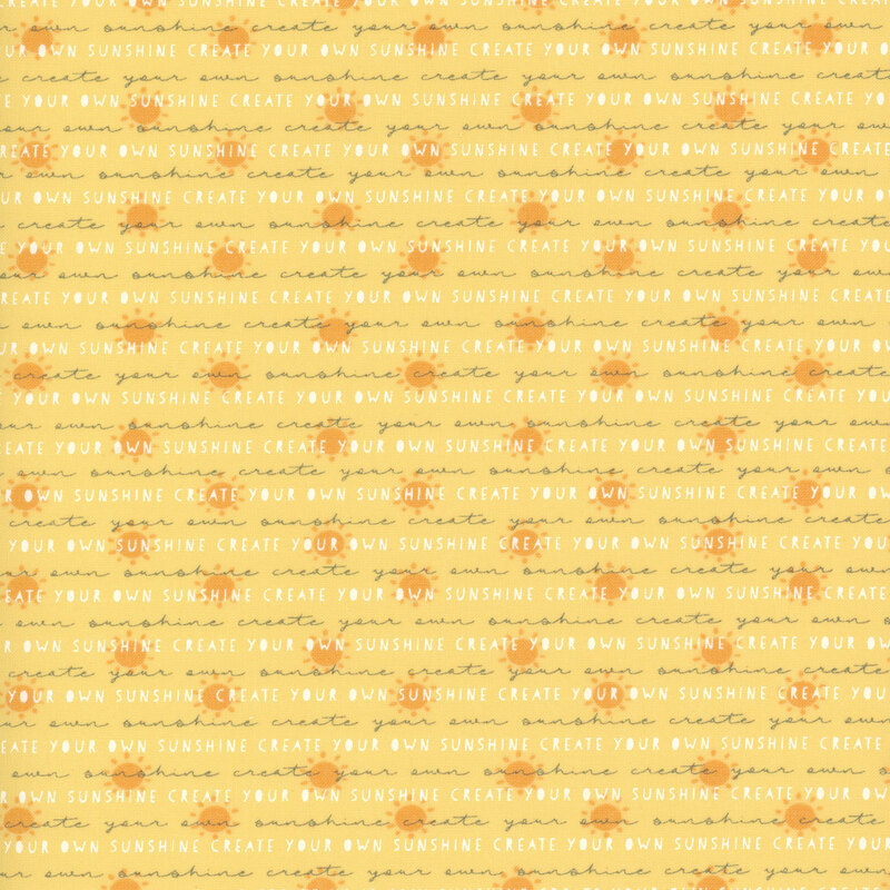Yellow fabric featuring rows of dark yellow suns and the words 
