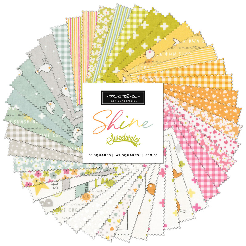 A spiraled collage of green, yellow, pink, white, and light blue fabrics in the Shine Mini Charm Pack