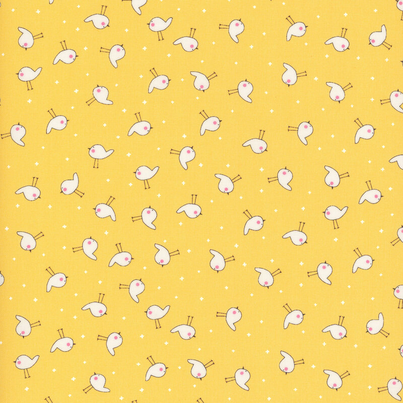 Bright yellow fabric with white ditsy birds and tiny plus signs all over