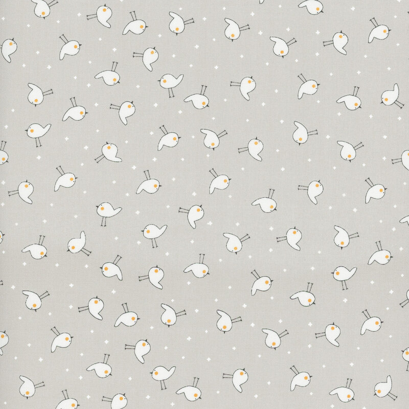 Medium gray fabric with white ditsy birds and tiny plus signs all over