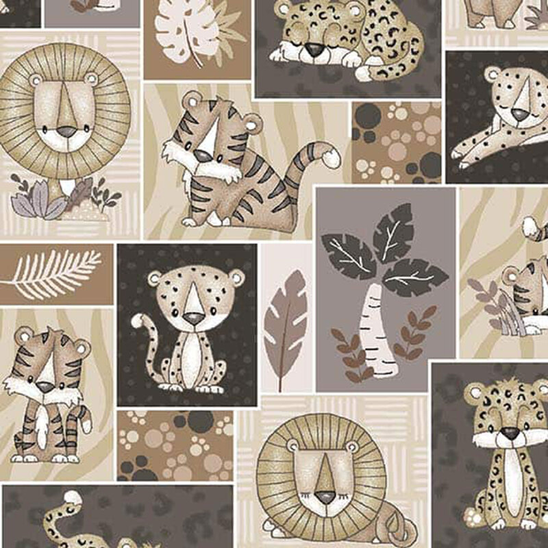 Patchwork animal prints fabric with a pattern of blocks of lions, tigers, leopards, and cheetahs.