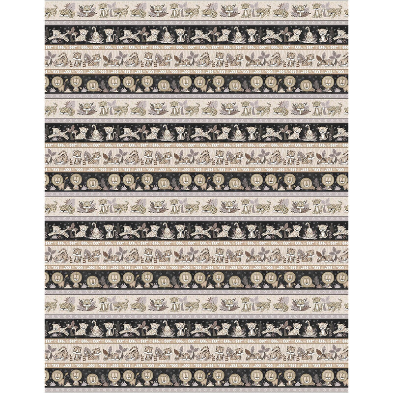 Neutral-colored border print with stripes of lions, tigers, leopards, and cheetahs with their respective animal prints, as well as jungle foliage accents