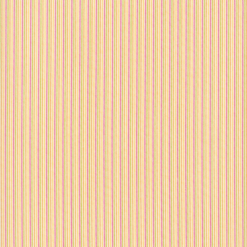 Fabric featuring repeated pink, green, orange, and yellow pin stripes