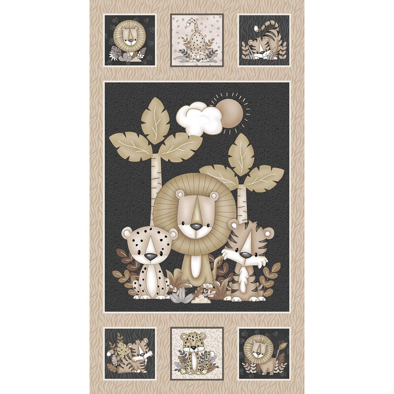 Neutral-toned panel with blocks of big cats in jungle foliage with animal print backgrounds