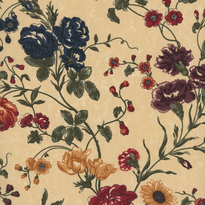 A medium tan fabric with red, blue, and golden florals and swirling green vines throughout