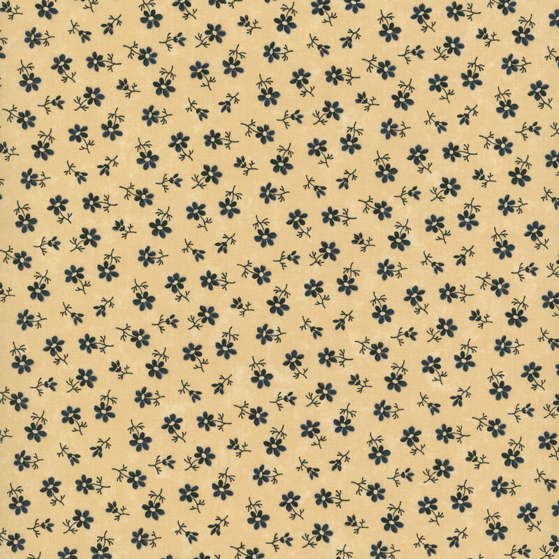 Tan fabric with small, navy blue ditsy florals all over