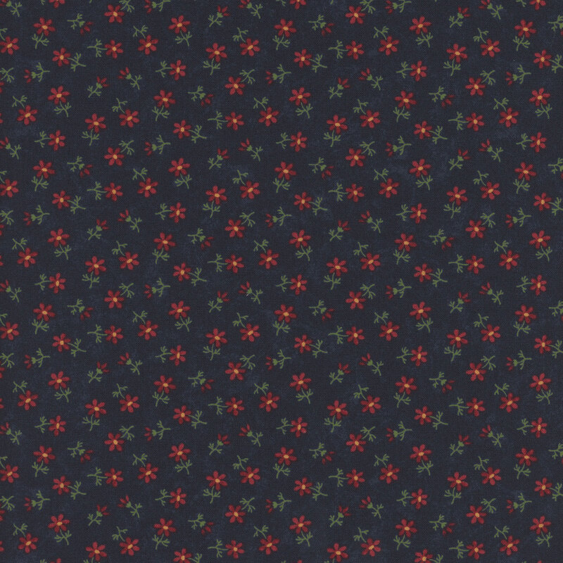 Deep navy blue fabric with small, red and green ditsy florals all over