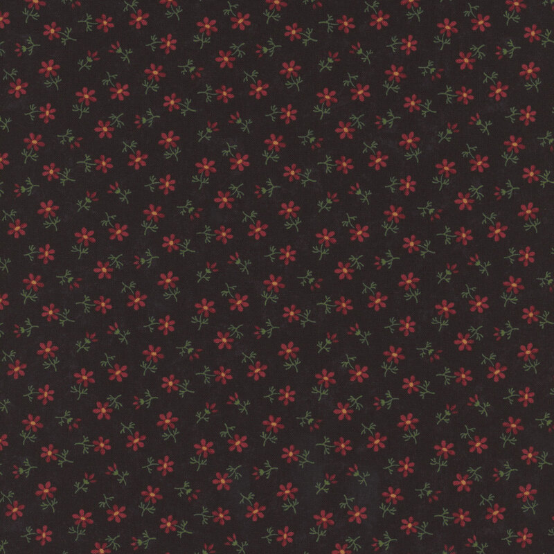 Black fabric with small, red and green ditsy florals all over
