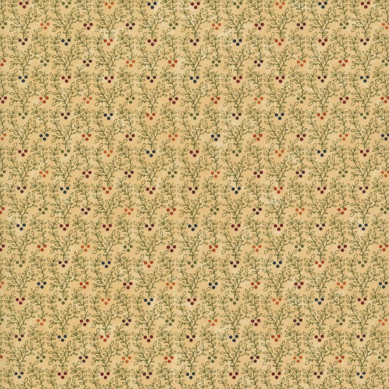 Light tan fabric with small red, blue, and orange berries and green leafy vines