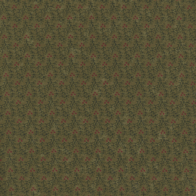 Dark green fabric with small red berries and dark green leafy vines