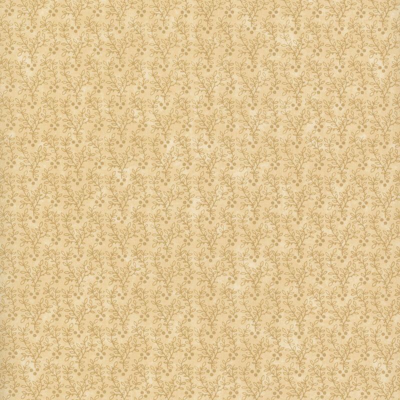 Light tan fabric with small, tan berries and dark green leafy vines