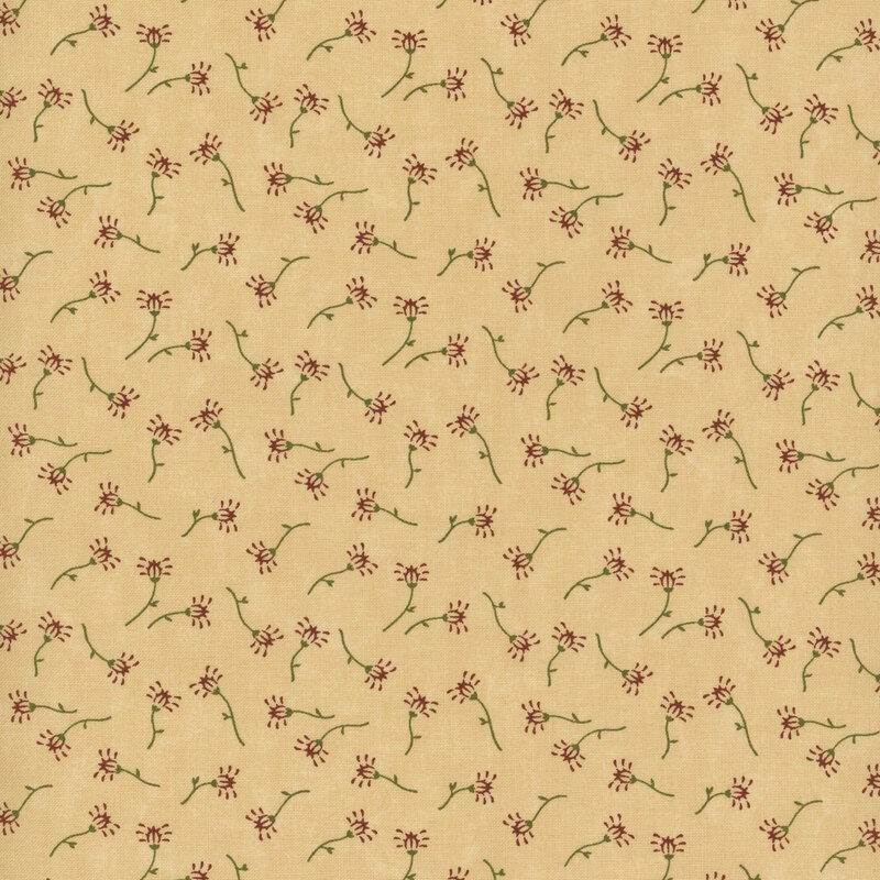 Mottled light tan fabric with ditsy red florals with green stems all over