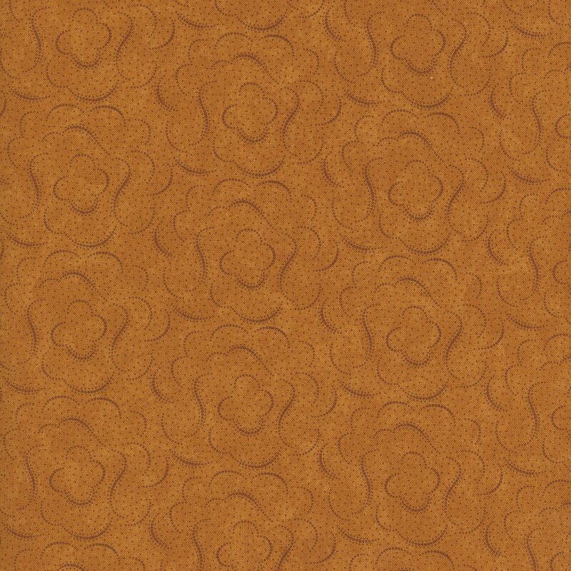 Tonal rusty-gold fabric with swirled patterns, subtle pin dots, and a lightly mottled background