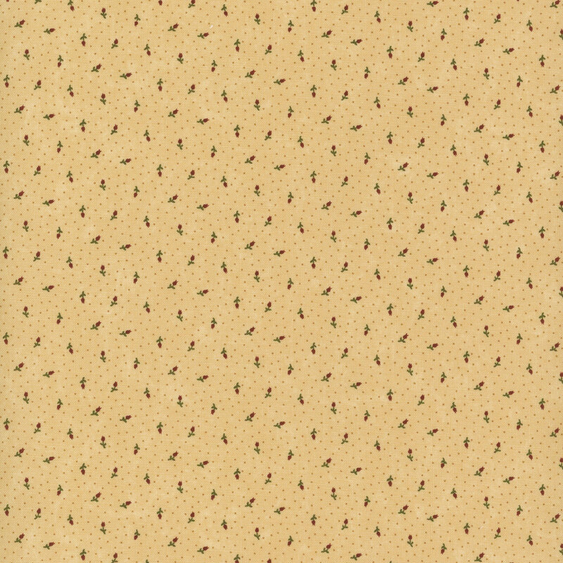 Light tan fabric with small purple ditsy florals and subtle pin dots against a lightly mottled background