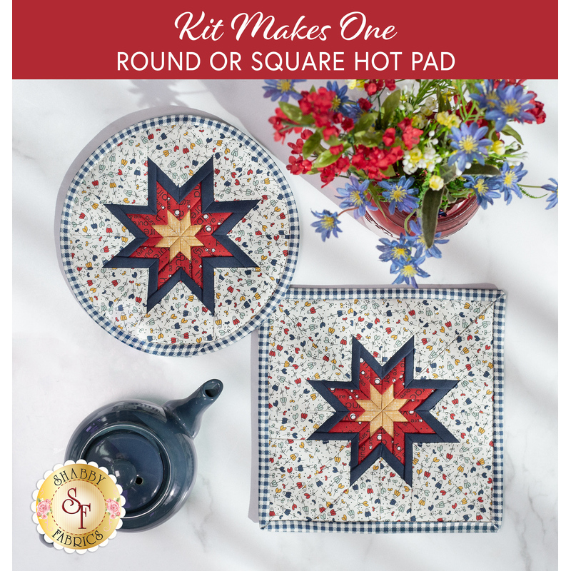 A top down shot of the two completed hot pad options, colored in Moda's Vintage collection. A square and a round hot pad are staged on a white table top with coordinating flowers and a navy blue teapot.