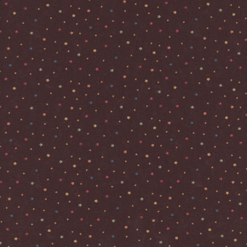 Deep purple brown fabric with tiny ditsy florals in a variety of colors throughout