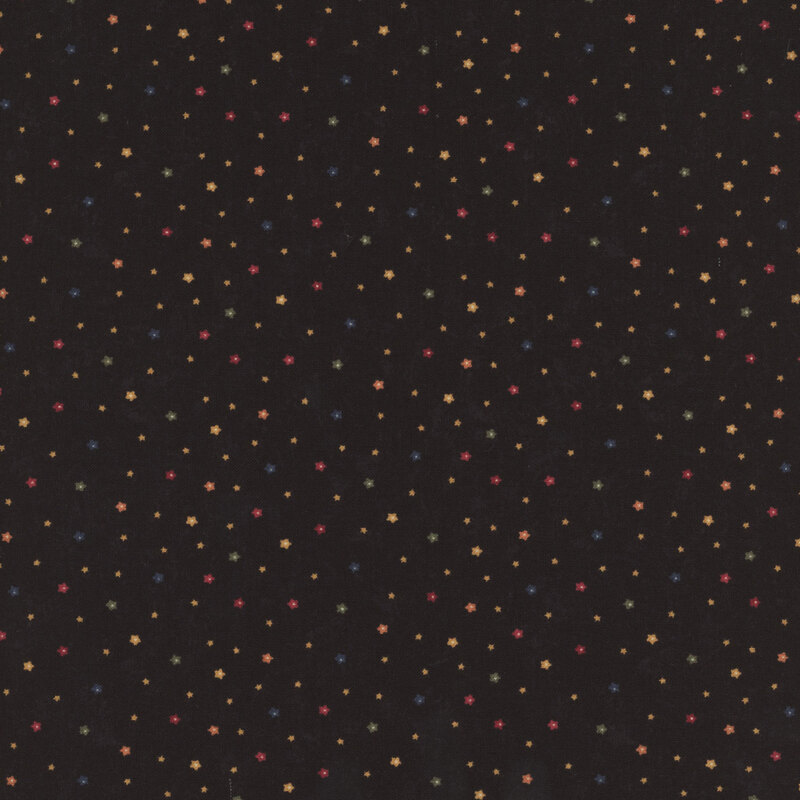 Black fabric with tiny ditsy florals in a variety of colors throughout