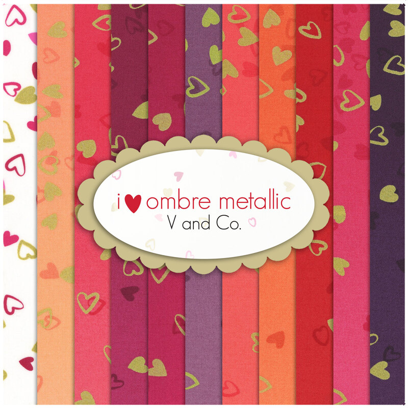 Collage of fabrics in I Heart Ombre Metallic Dessert Roll featuring metallic hearts on pink, red, orange and purple fabrics